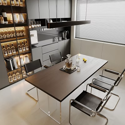 Modern Dining Table Set With Metal Frame Chairs Wine Cabinet And Decorative Items 3d model