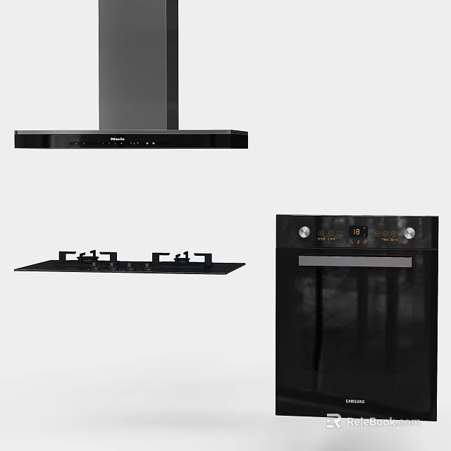 Modern Kitchen Appliances Featuring Range Hood Gas Stove and Oven Design 3d model 