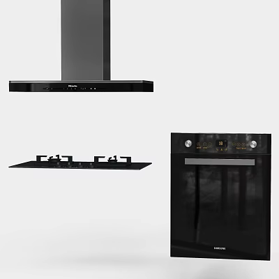 Modern Kitchen Appliances Featuring Range Hood Gas Stove and Oven Design 3d model