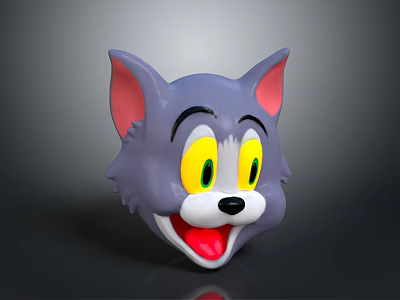 Gray Cartoon Cat Head With Pink Ears Big Yellow Eyes And Open Mouth 3d model