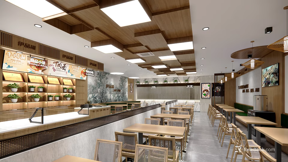 Modern Restaurant Interior With Wooden Ceiling Tables Chairs Decorative Wall And Warm Lighting 3d model 
