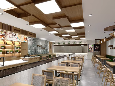Modern Restaurant Interior With Wooden Ceiling Tables Chairs Decorative Wall And Warm Lighting 3d model