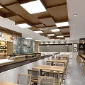 Modern Restaurant Interior With Wooden Ceiling Tables Chairs Decorative Wall And Warm Lighting