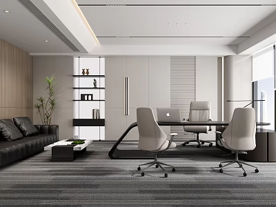 Modern Open Office Interior Design With Work Desk Sofa And Bookshelves 3d model