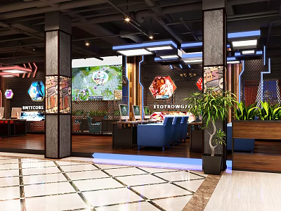 Modern Gaming Cafe Interior Design With Gaming PCs Bar Counter And Green Plants 3d model