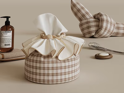 Plaid Fabric Bathroom Storage With Accessories And Soap 3d model