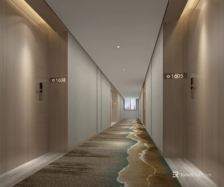Modern Hotel Corridor with Wooden Walls Room Numbers and Wave Pattern Carpet 3d model 