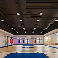 Bright Indoor Activity Space With Wooden Blue Flooring Yellow Fences And Colorful Number Circles