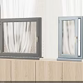 Modern Casement Windows Display On Wooden Cabinet With Curtain And Potted Plant