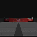 Large Event Stage Setup With Red Background Screen And Blue Seats Arrangement 3d model