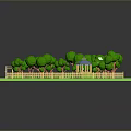 Lush Green Scenic Landscape With Trees Small Pond Yellow Fence And Pavilion