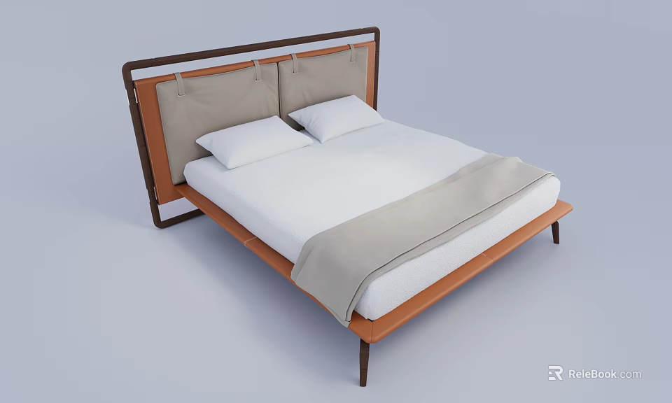 Modern Double Bed with Wooden Frame Gray Upholstered Headboard White Mattress and Gray Blanket 3d model 