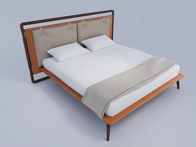 Modern Double Bed with Wooden Frame Gray Upholstered Headboard White Mattress and Gray Blanket 3d model