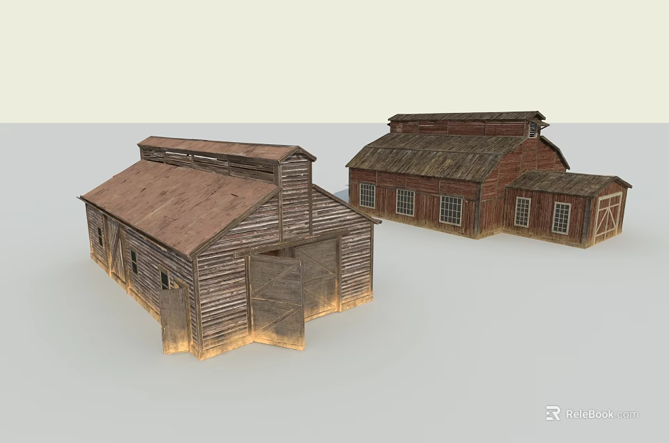 Two European Style Architecture Buildings With Wooden Structure Sloped Roof And Windows 3d model 