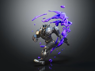 Smart Machine Robot In Silver Black With Dynamic Purple Energy Splashes On Gray Background 3d model