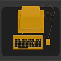 Vintage Yellow Electronic Computer With Monitor Tower Keyboard And Mouse On Black Mat