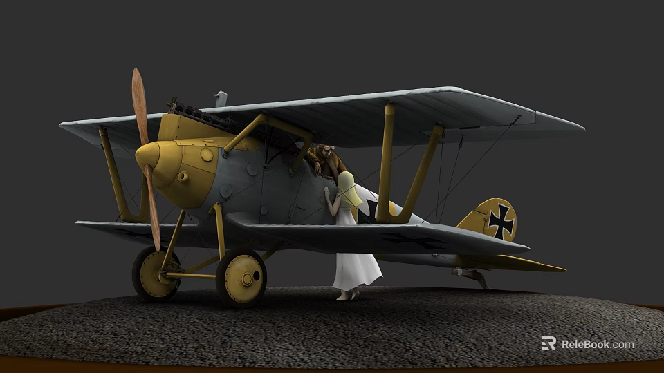 Vintage Passenger Biplane With Yellow Gray Body Propeller And Woman In White Dress 3d model 
