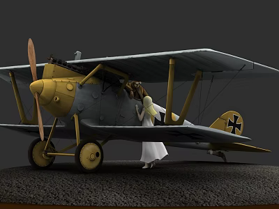 Vintage Passenger Biplane With Yellow Gray Body Propeller And Woman In White Dress 3d model