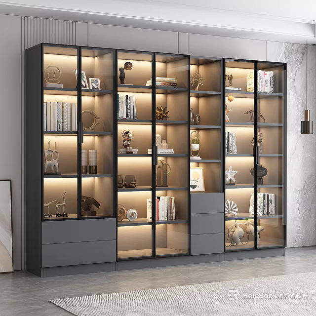 Modern Glass Door Bookcase Interior With Lighting Decorative Items And Books 3d model 