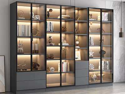 Modern Glass Door Bookcase Interior With Lighting Decorative Items And Books 3d model