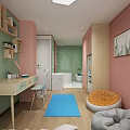 Modern Apartment Bedroom With Pink Green Walls Bed Desk Chair And Blue Rug