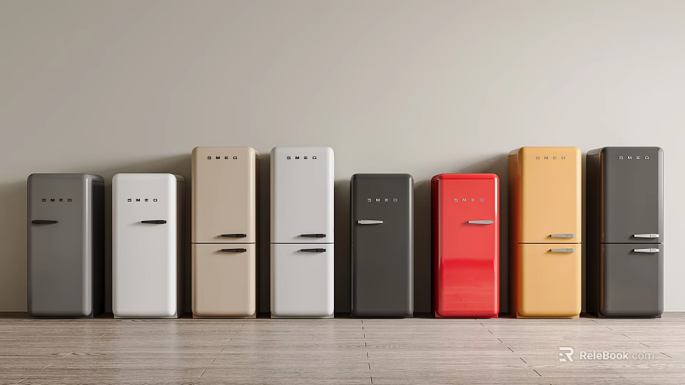 Vintage Fridges of Various Colors Arranged in a Row With Light Wall and Wooden Floor 3d model 
