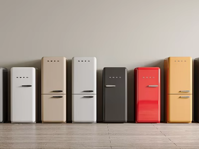 Vintage Fridges of Various Colors Arranged in a Row With Light Wall and Wooden Floor 3d model