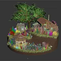 Charming Log Cabin Surrounded By Large Tree Small Shed Pond Stones And Flowers