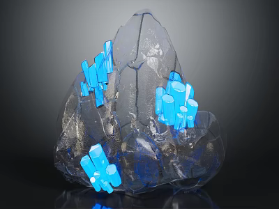 Modern Clear Resin Rock Sculpture Featuring Blue Geometric Crystalline Structures 3d model