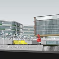 Modern School Building With Theatre Glass Facade Yellow Accents And Landscaped Trees