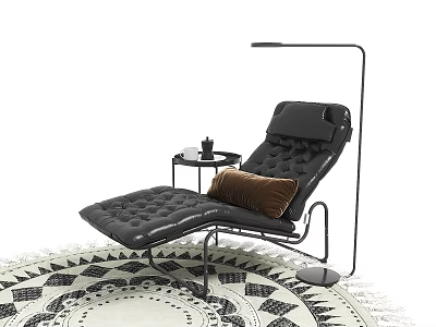 Modern Black Lounge Chair with Quilted Cushion Brown Pillow Floor Lamp and Geometric Rug 3d model