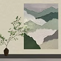 Abstract Textured Mountain Painting With Ceramic Vase And Green Branch On Beige Wall