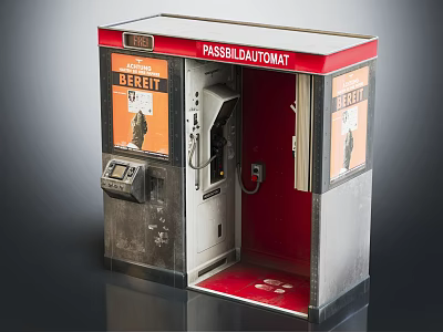 Vintage Passbildautomat Booth With Red Top Silver Exterior Orange BEREIT Sign And Telephone 3d model