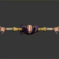 3D Cartoon Character With Bald Head Red Markings Purple Outfit Yellow Sleeves Black Belt Standing