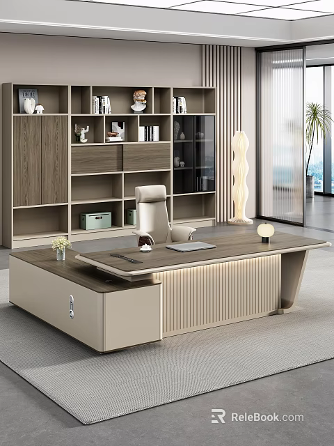 Modern Office Interior With Executive Desk Bookshelf And Accent Lighting 3d model 
