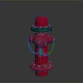 Building Exterior Red Fire Hydrant With Green Top And Metal Chains