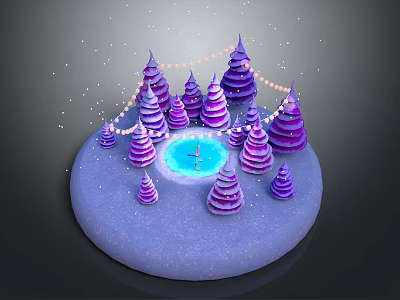 Purple Cone Shaped Trees With Central Blue Pool Illuminated Decorations And Snowflakes On Circular Platform 3d model