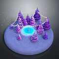 Purple Cone Shaped Trees With Central Blue Pool Illuminated Decorations And Snowflakes On Circular Platform