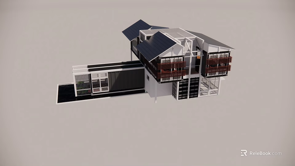 Modern Container Building With Solar Panels Balconies Windows Doors And Modular Design 3d model