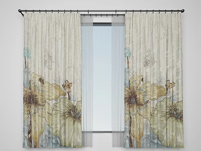 Floral Pattern Curtains In Neutral Tones With Yellow Green Blue Accents And Sheer Panels 3d model