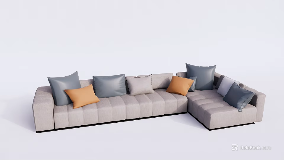 Modern Light Gray Sectional Sofa With Gray And Orange Plush Cushions 3d model