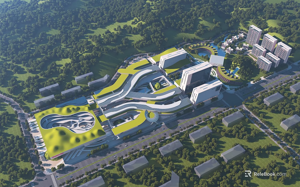 Aerial View Plan Of Modern Architectural Layout With Green Landscape And Open Spaces 3d model 
