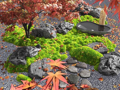 Courtyard landscape sketch red maple deciduous landscape stone model