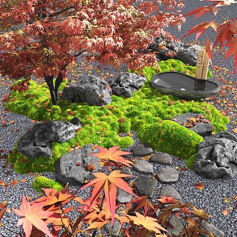 Courtyard landscape sketch red maple deciduous landscape stone 3d model