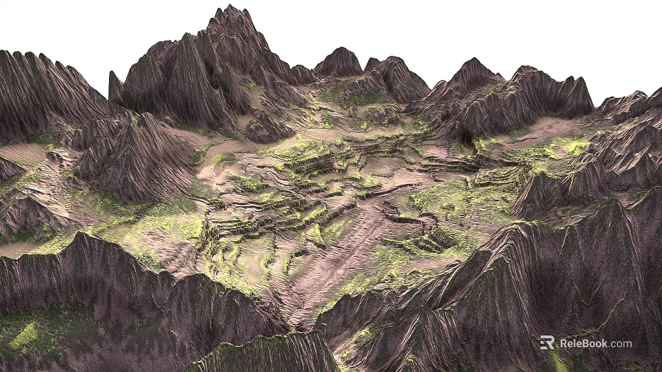 Scenic Mountain Landscape With Rugged Peaks Green Valleys And Rocky Terrain 3d model 