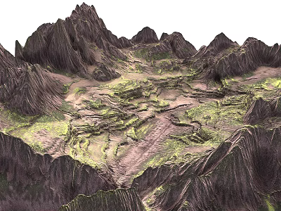 Scenic Mountain Landscape With Rugged Peaks Green Valleys And Rocky Terrain 3d model