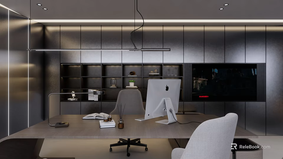 Modern Office Interior Workspace with Desk Apple Computer Office Chair and Bookshelf Lighting 3d model 