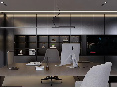 Modern Office Interior Workspace with Desk Apple Computer Office Chair and Bookshelf Lighting 3d model