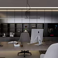 Modern Office Interior Workspace with Desk Apple Computer Office Chair and Bookshelf Lighting