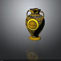 Decorative Vase With Two Handles Yellow Black Color Geometric Patterns And Circular Concentrated Label
